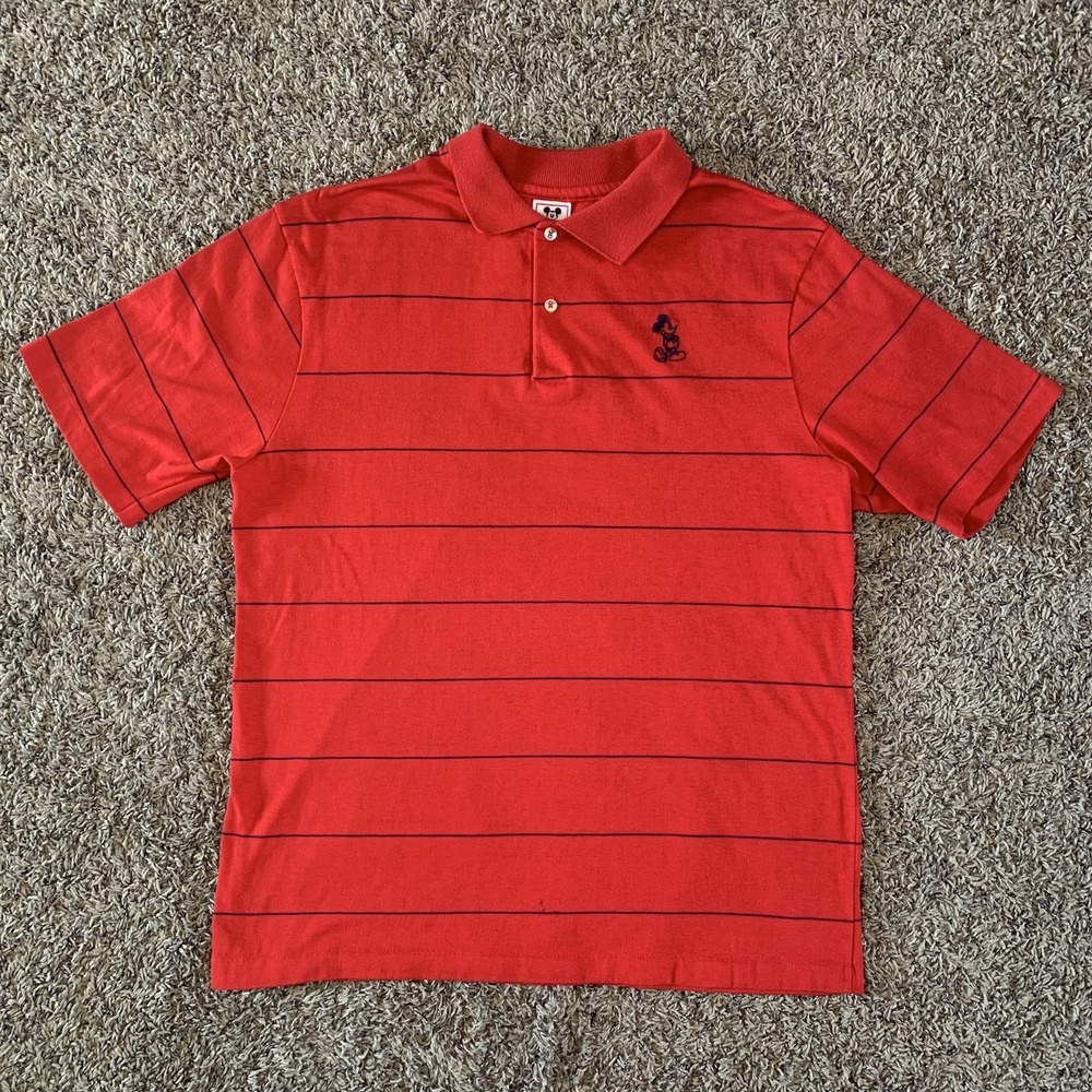 VTG Walt Disney Polo Shirt Mens XL Red Striped Mickey Mouse Short Sleeves USA